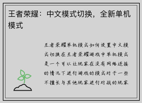 王者荣耀：中文模式切换，全新单机模式